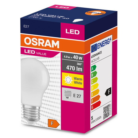 Żarówka LED A55 E27 4.9W = 40W 470lm 2700K Ciepła 200° VALUE CLASSIC Osram