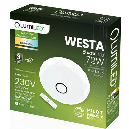 Plafon LED Lampa Sufitowa Natynkowa WESTA 72W CCT Biały Okrągły 50cm + PILOT LUMILED