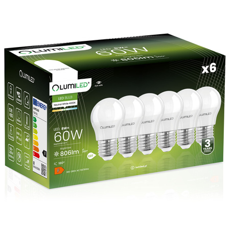 Zestaw 6x Żarówka LED E27 P40 8W = 60W 806lm 4000K Neutralna 180° LUMILED