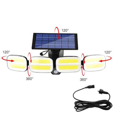 Naświetlacz solarny lampa 4x COB LED 20W 800lm Zimna czujnik ruchu IP65 + Pilot