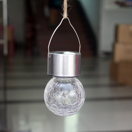 Lampa Solarna LED KULKA Ogrodowa Wisząca Biała Zimna Szklana Efekt Pękniętego Szkła