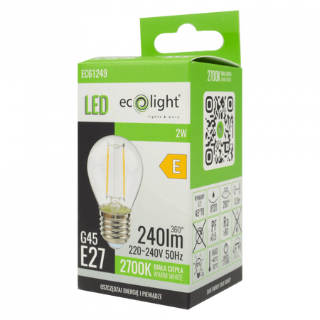 Żarówka LED Kulka P45 E27 2W 240lm 2700K Ciepła FILAMENT Ecolight