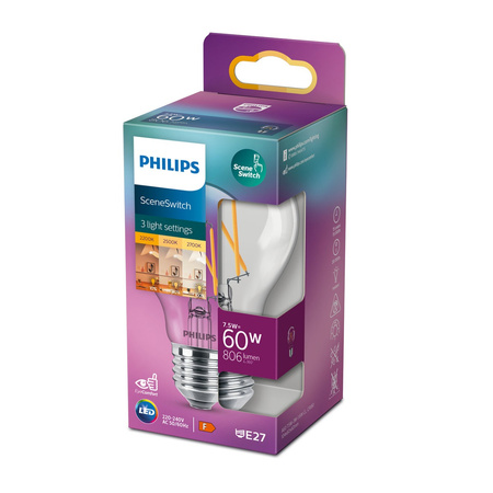 Żarówka LED E27 7,5W = 60W 806lm 2200/2500/2700K CIEPŁA FILAMENT inteligentna ściemniana PHILIPS