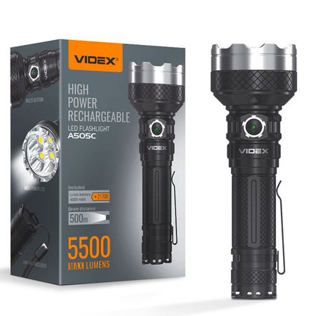 Latarka Ręczna Akumulatorowa LED 20W 5500lm 6 Trybów Pracy USB-C Wodoszczelna IP68 Videx