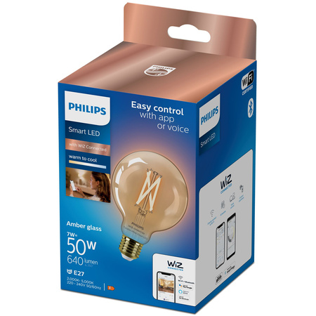 Żarówka LED E27 Kula G95 7W = 50W 640lm 2000-5000K TW FILAMENT Bursztynowa Inteligentna SMART WiFi Bluetooth Aplikacja WiZ Philips