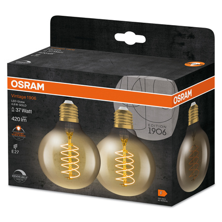 2x Żarówka LED Dekoracyjna G80 Kula E27 4.8W = 37W 420lm 2200K Ciepła 320° Filament Ściemnialna Vintage 1906 Osram