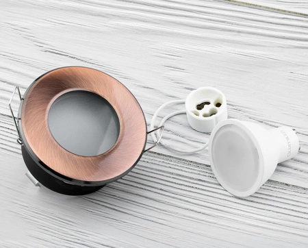 Zestaw Oprawa HALOGENOWA Hermetyczna Łazienkowa PODBITKA AQUS Miedź IP44 + LED GU10 5W 4000K Lumiled