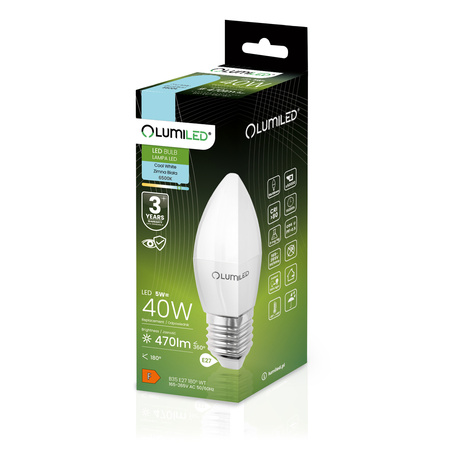 Żarówka LED E27 Świeczka B35 5W = 40W 470lm 6500K Zimna 180° LUMILED