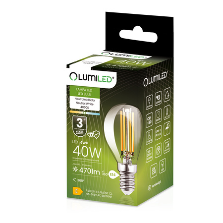 Żarówka LED E14 Kulka P45 4W = 40W 470lm 4000K Neutralna 360° FILAMENT LUMILED