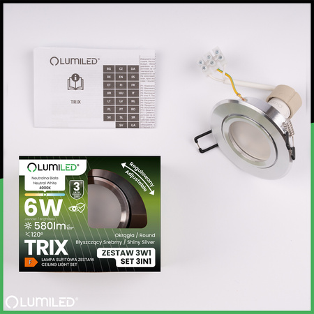 Oprawa Halogenowa Podtynkowa Okrągła Ruchoma TRIX 3w1 GU10 6W 4000K Srebrna Błyszcząca LUMILED