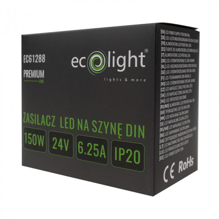Zasilacz na Szynę DIN do Taśm LED 150W 24V 6.25A IP20 PREMIUM Ecolight
