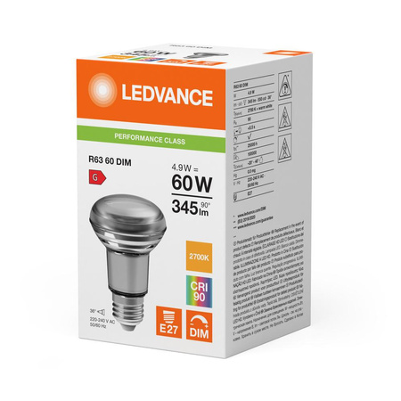 Żarówka LED R63 E27 4.9W = 60W 345lm 2700K Ciepła Biała FILAMENT ŚCIEMNIALNA LEDVANCE