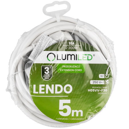 Przedłużacz Sieciowy Kabel z Uziemieniem Listwa Zasilająca 1 Gniazdo 5m Biały Sznur Lendo Lumiled