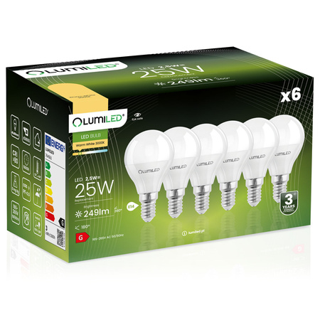 Zestaw 6x Żarówka LED E14 P40 2,5W = 25W 249lm 3000K Ciepła 180° LUMILED