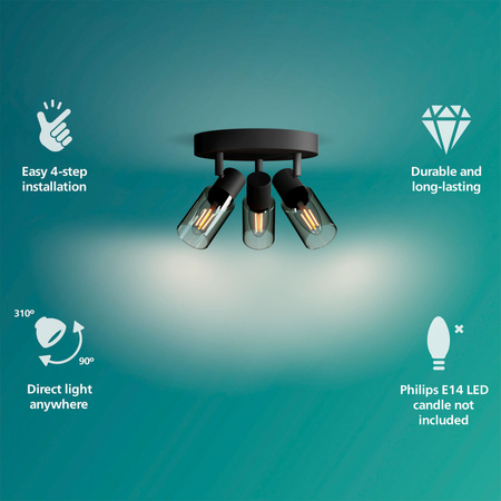 Lampa Sufitowa Reflektor 3x E14 Czarna Palms Philips