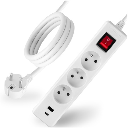 Przedłużacz Sieciowy Kabel z Uziemieniem Listwa Zasilająca 3 Gniazda 3m Włącznik ON/OFF Biały USB + USB-C Sznur ELGER Lumiled