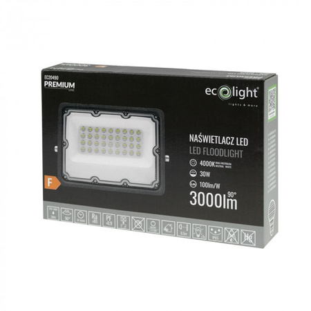 Naświetlacz LED Lampa Reflektor 30W 3000lm 4000K Neutralna IP65 Premium Line Ecolight