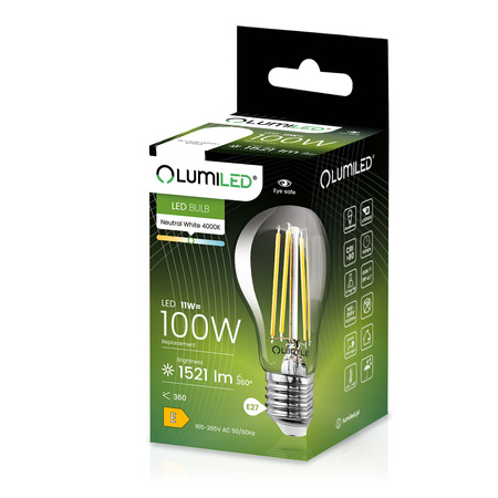 Żarówka LED E27 A60 11W = 100W 1521lm 4000K Neutralna 360° FILAMENT LUMILED