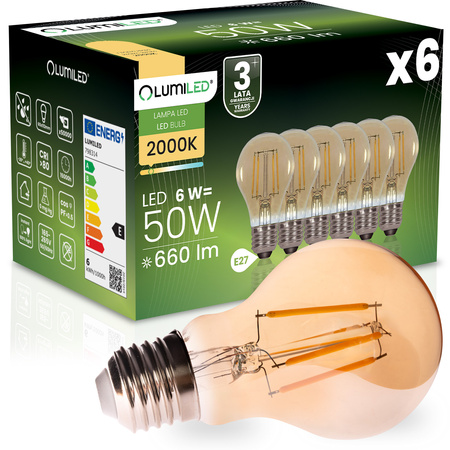6x Żarówka LED E27 A60 6W 660LM = 50W 2000K Ciepła 360° Filament Amber LUMILED