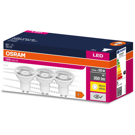 3PAK Żarówka LED GU10 4,5W = 50W 350lm 2700K Ciepła 60° OSRAM VALUE