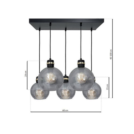 Lampa wisząca OMEGA 5xE27 Prostokąt Przydymione Szkło Kula MLP6535 Milagro Metal + Szkło