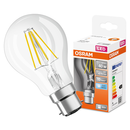 Żarówka LED A60 B22d 4W = 40W 470lm 4000K Neutralna 300° Retrofit Filament CLASSIC Osram