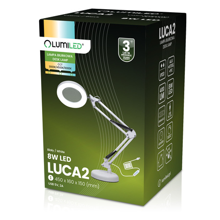 ZESTAW Lampka Biurkowa LED 8W CCT Kreślarska Stołowa Lupa LUCA 2 Biała + Adapter USB 5V/1A DC LUMILED
