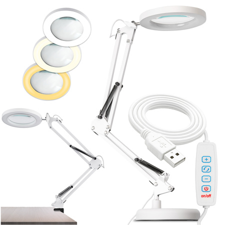 ZESTAW Lampka Biurkowa LED 8W CCT Kreślarska Stołowa Lupa LUCA 2 Biała + Adapter USB 5V/1A DC LUMILED