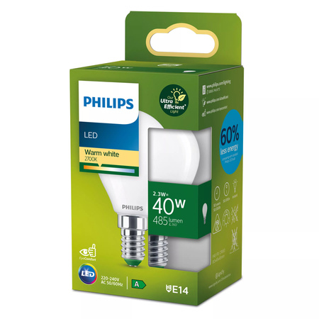 Żarówka LED E14 Kulka P45 2.3W = 40W 485lm 210lm/W 2700K Ciepła 300° KLASA A UltraEfficient Philips