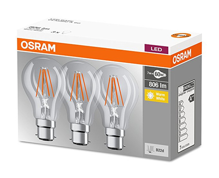 3PAK Żarówka LED B22d A60 6.5W = 60W 806lm 2700K Ciepła 360° Filament OSRAM