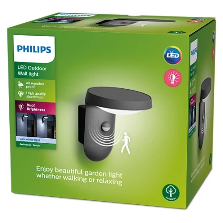 Kinkiet Ogrodowy Lampa Elewacyjna Zewnętrzna LED 9W 930lm 4000K IP44 z Czujnikiem Ruchu i Zmierzchu Antracyt Tyla Philips