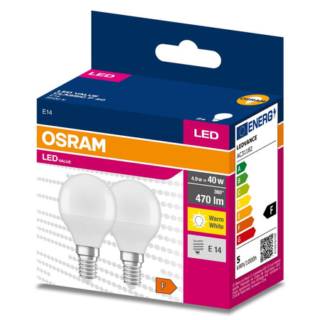 2x Żarówka LED P45 Kulka E14 4.9W = 40W 470lm 3000K Ciepła 200° VALUE CLASSIC Osram