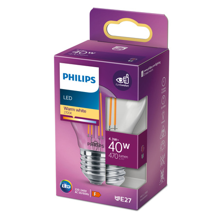 Żarówka LED E27 P45 4,3W = 40W 470lm 2700K Ciepła Filament PHILIPS