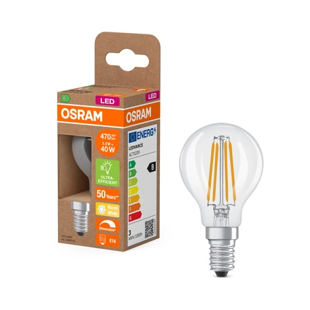 Żarówka LED P45 E14 2.5W = 40W 470lm 2700K Ciepła 300° Filament Ściemnialna Osram