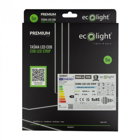 Taśma LED Pasek COB 9W/m 990lm/m 480LED/m 24V 6000K Zimna IP20 Rolka 5m Ecolight