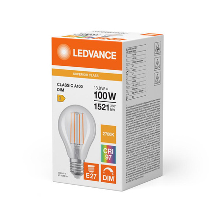 Żarówka LED A67 E27 13.8W = 100W 1521lm 2700K Ciepła Biała FILAMENT ŚCIEMNIALNA LEDVANCE