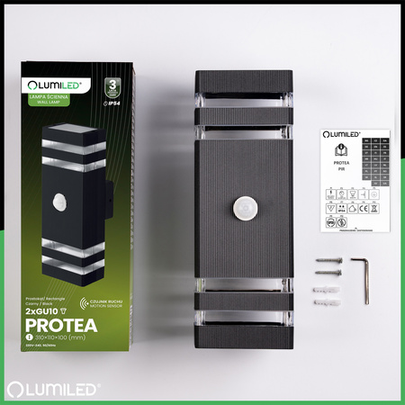 Lampa Ogrodowa Kinkiet Elewacyjny góra dół 2xGU10 Czarny Czujnik Ruchu i Zmierzchu IP54 PROTEA LUMILED