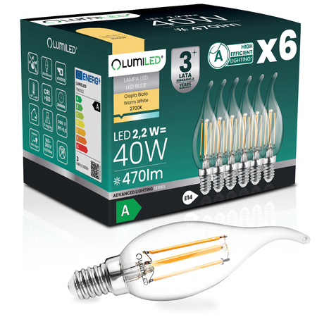 6x Żarówka LED E14 Świeczka BA35 2,2W 470lm = 40W 2700K Ciepła 360° Filament KLASA A LUMILED