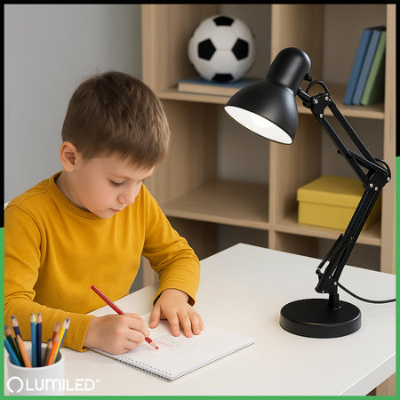 Lampka Biurkowa Kreślarska Stołowa E27 TOBI Czarna Lumiled + Uchwyt na Blat