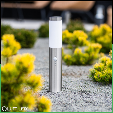 Lampa Ogrodowa Zewnętrzna E27 INOX SŁUPEK 45cm z Czujnikiem Ruchu Lilium LUMILED