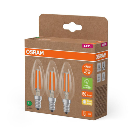 3x Żarówka LED B35 Świeczka E14 2.2W = 40W 470lm 2700K Ciepła 330° 214lm/W CLASSIC ENERGY EFFICIENCY Osram