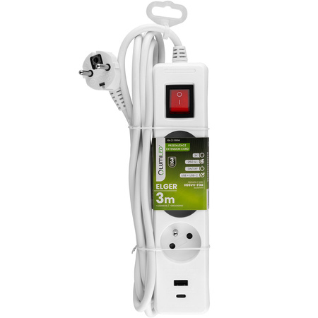 Przedłużacz Sieciowy Kabel z Uziemieniem Listwa Zasilająca 3 Gniazda 3m Włącznik ON/OFF Biały USB + USB-C Sznur ELGER Lumiled