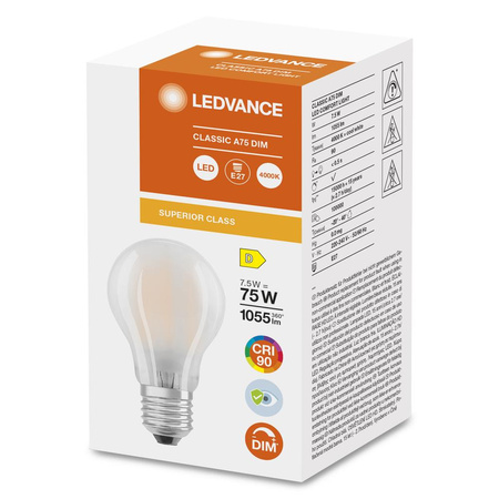 Żarówka LED E27 A60 7,5W = 75W 1055lm 4000K Neutralna 300° CRI90 Filament Mleczna Ściemnialna LEDVANCE Superior