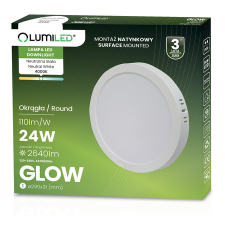 Oprawa Natynkowa Lampa LED Sufitowa 24W Okrągła 4000K GLOW Biała LUMILED