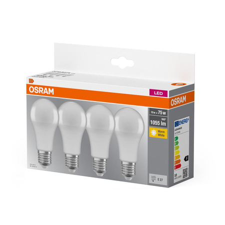 4x Żarówka LED A60 E27 10W = 75W 1055lm 2700K Ciepła 150° BASE Osram