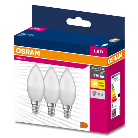 3PAK Żarówka LED E14 B35 4,9W = 40W 470lm 3000K Ciepła 220° OSRAM VALUE