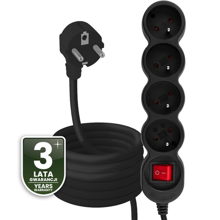 Przedłużacz Sieciowy Kabel z Uziemieniem Listwa Zasilająca 4 Gniazda 5m Włącznik ON/OFF Czarny Sznur Lendo Lumiled