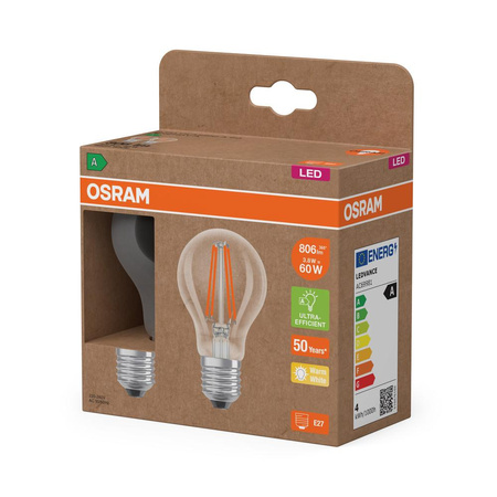 2x Żarówka LED A60 E27 3.8W = 60W 806lm 2700K Ciepła 300° Filament CLASSIC ENERGY EFFICIENCY Osram