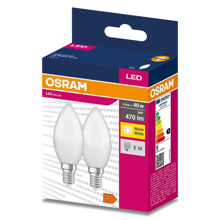 2x Żarówka LED B37 Świeczka E14 4.9W = 40W 470lm 2700K Ciepła 200° VALUE CLASSIC Osram