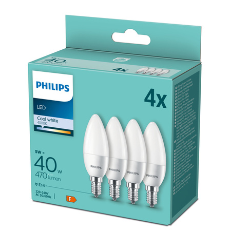 4PAK Żarówka LED E14 B35 4,9W = 40W 470lm 4000K Neutralna Mleczny PHILIPS